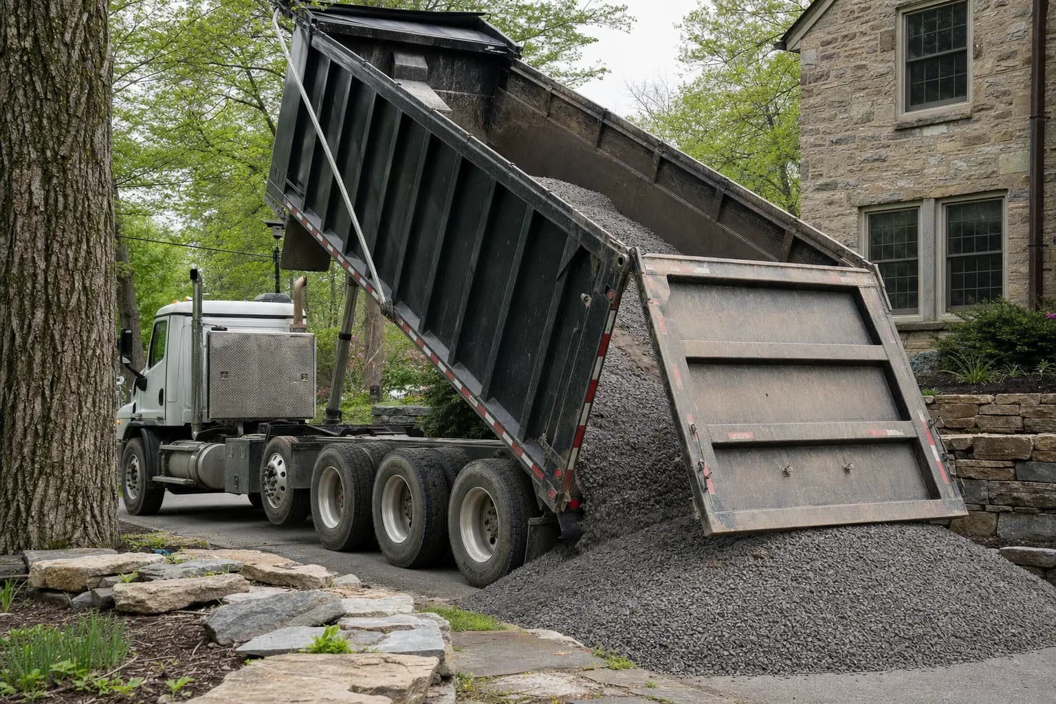 Dump truck delivering gravel to a residential property